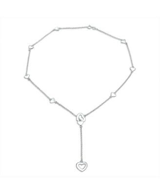Heart Long Lariat Pendant Necklace & Endless Tube Mini Hoop Earrings Jewelry Set Sterling Silver