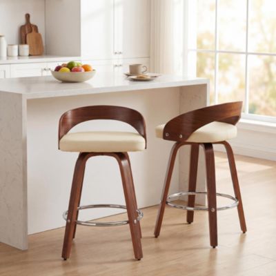 Set of 2 Swivel Wood Bar Stools with Low Back and Cushioned Seat