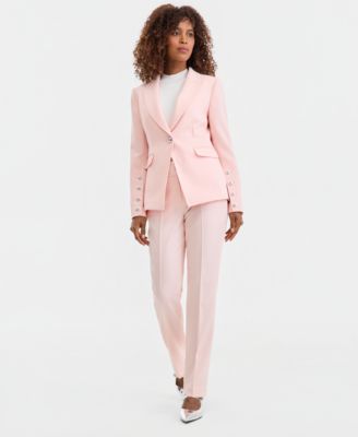 Women's Twill One-Button Peak-Lapel Blazer, Sleeveless Mock-Neck Sweater & Mid-Rise Bell-Bottom Pants