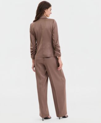 Women's Matte Satin Double-Breasted Scrunch-Sleeve Jacket & Pleat-Front Wide-Leg Pants