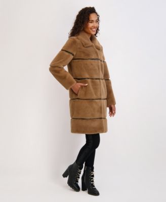 Women's Faux-Leather Trim Faux-Fur Coat