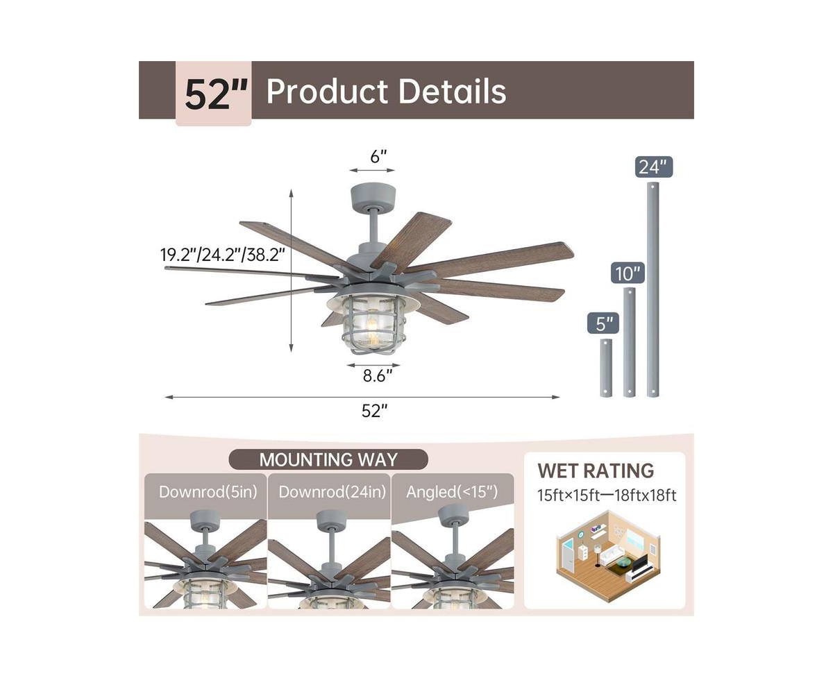Sofucor 52-inch Grey Farmhouse 8-Blade Indoor Ceiling Fans with Light Kit and Remote Control Dc Motor Bubble Glass Lampshade