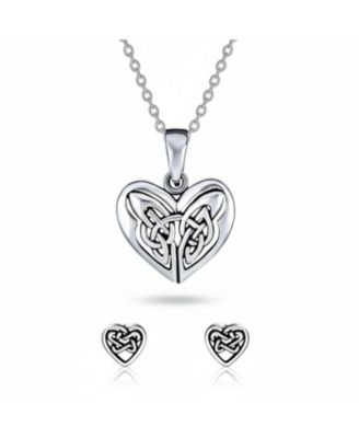 Celtic-Inspired Love Knot Necklace and Heart Stud Earrings Jewelry Set Oxidized Sterling Silver