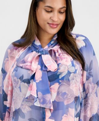 Plus Size Printed Ruffle-Tie Long-Sleeve Blouse