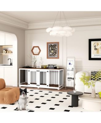 71 Inch Dog Crate Furniture, Heavy-Duty Wooden Dog Kennel with Trays and Divider for Large Medium Dogs