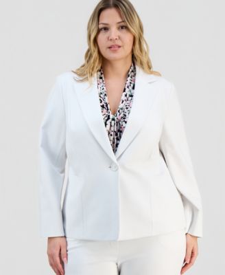 Plus Size Notch-Collar Seamed One-Button Jacket & Pull-On Straight-Leg Pants