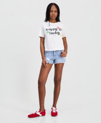 Juniors' Short-Sleeve Cropped Happy Go Lucky Graphic T-Shirt