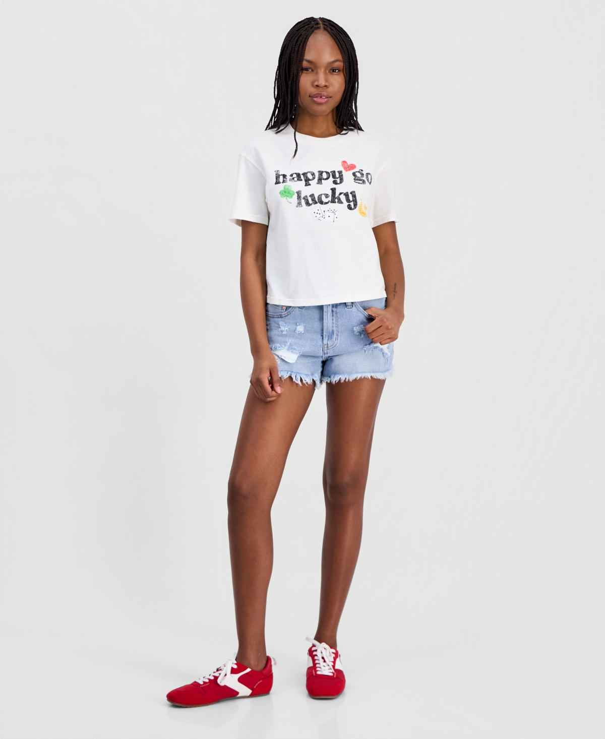 Rebellious One Juniors' Short-Sleeve Cropped Happy Go Lucky Graphic T-Shirt
