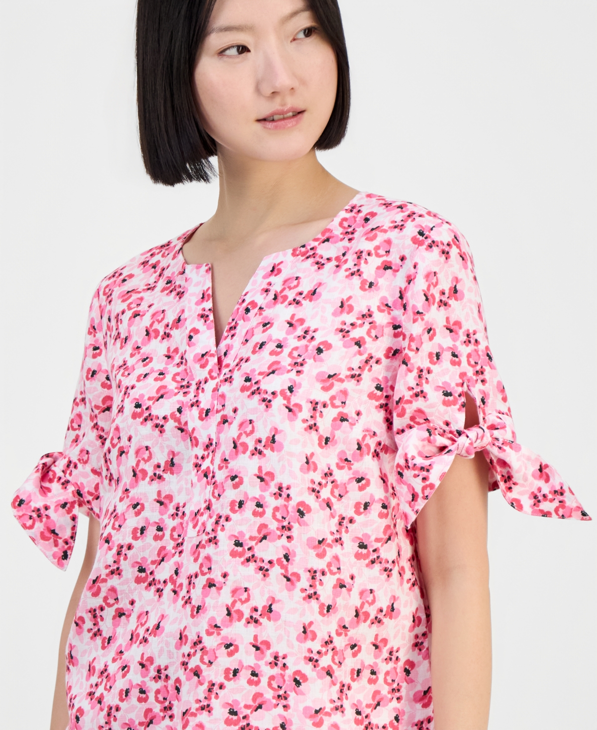 Charter Club Women's 100% Linen Tile Tie-Cuff Split-Neck Top, Macy's Exclusive