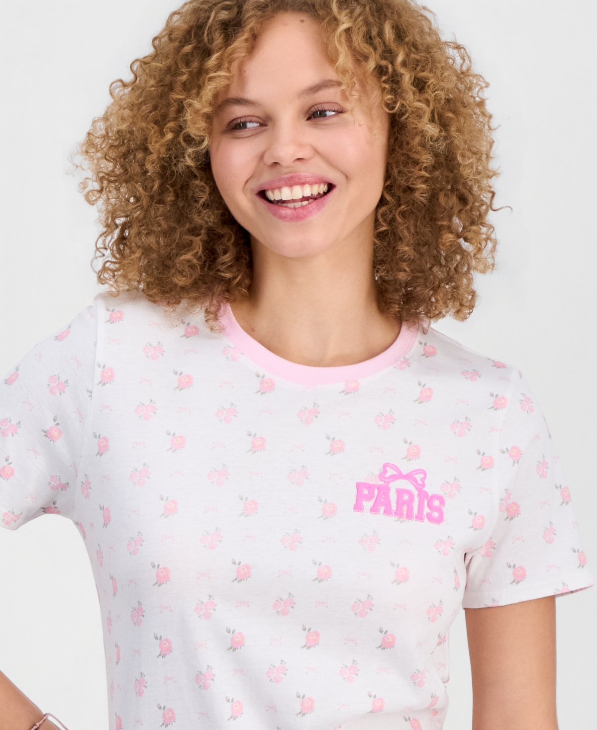 Rebellious One Juniors' Paris Ditsy Floral Graphic Cotton T-Shirt