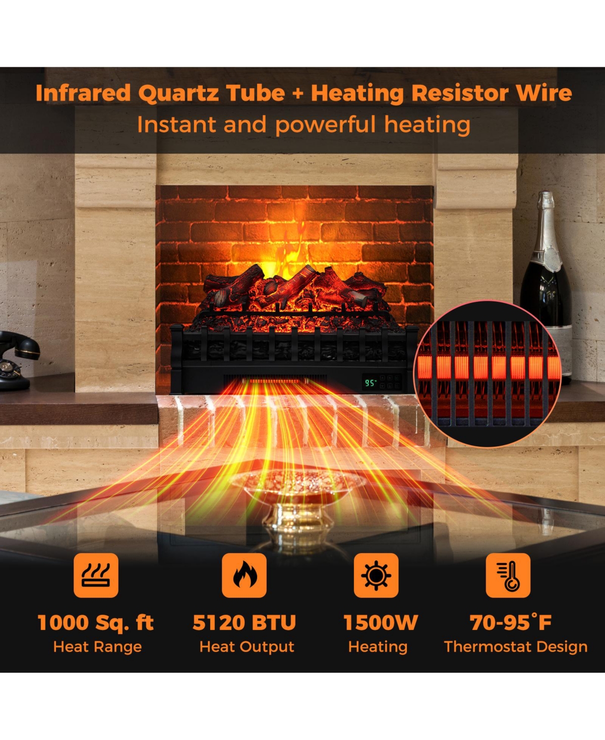 Sugift 26 Inch Electric Fireplace Heater with Remote Control and Realistic Lemonwood Ember Bed-Black