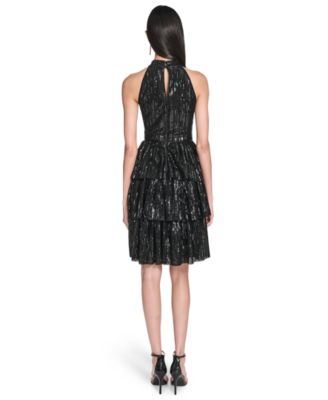 Women's Petite Mock Neck Halter Tiered Dress