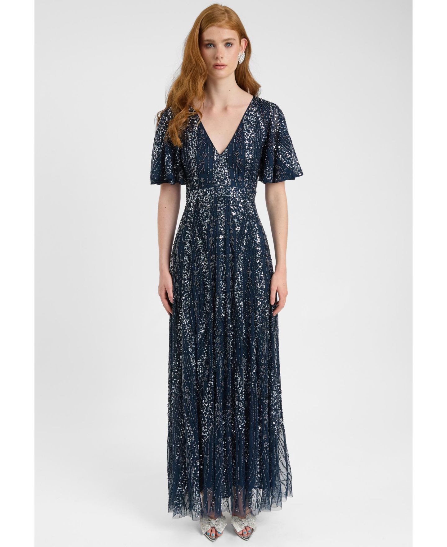 Женское платье BEAUUT Embellished Sequin Beaded Maxi Dress With Flutter Sleeve, цвет: Тёмно-синий — фото 1