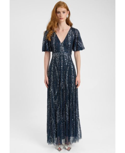 Женское платье BEAUUT Embellished Sequin Beaded Maxi Dress With Flutter Sleeve, цвет: Тёмно-синий