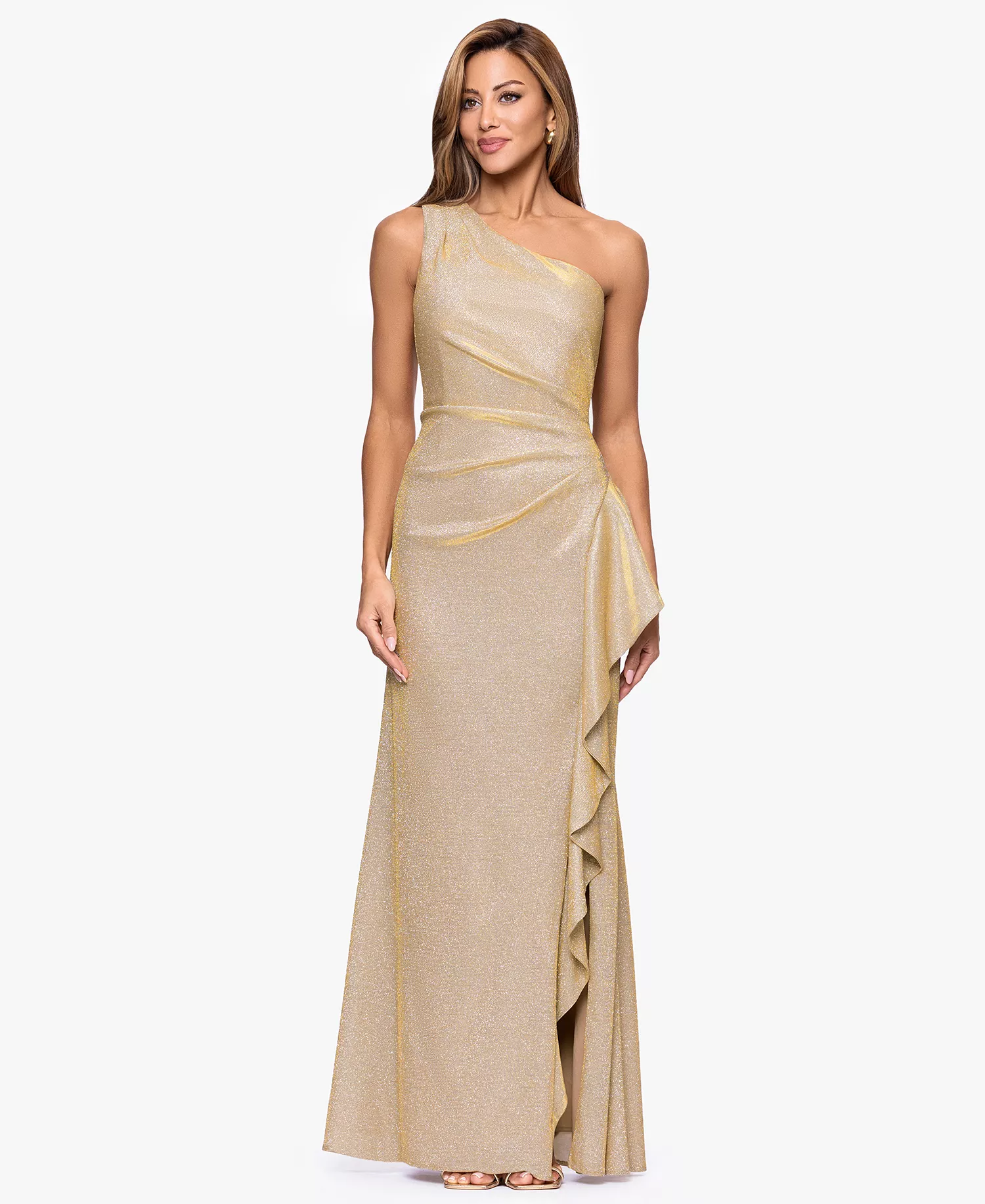 Xscape Women's One-Shoulder Glitter Long Dress