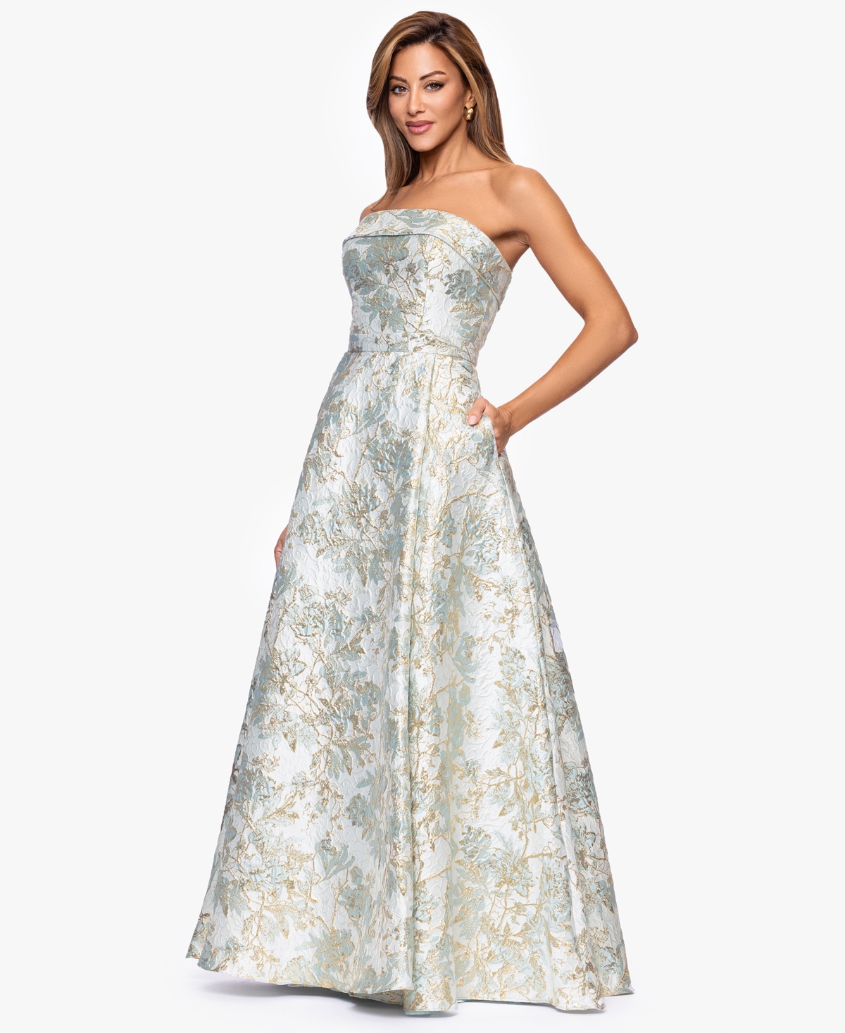Xscape Women's Long Strapless Brocade Dress