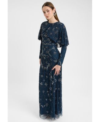 Women's Modest Embellished Sequin Beaded Dress Maxi With Attached Cape