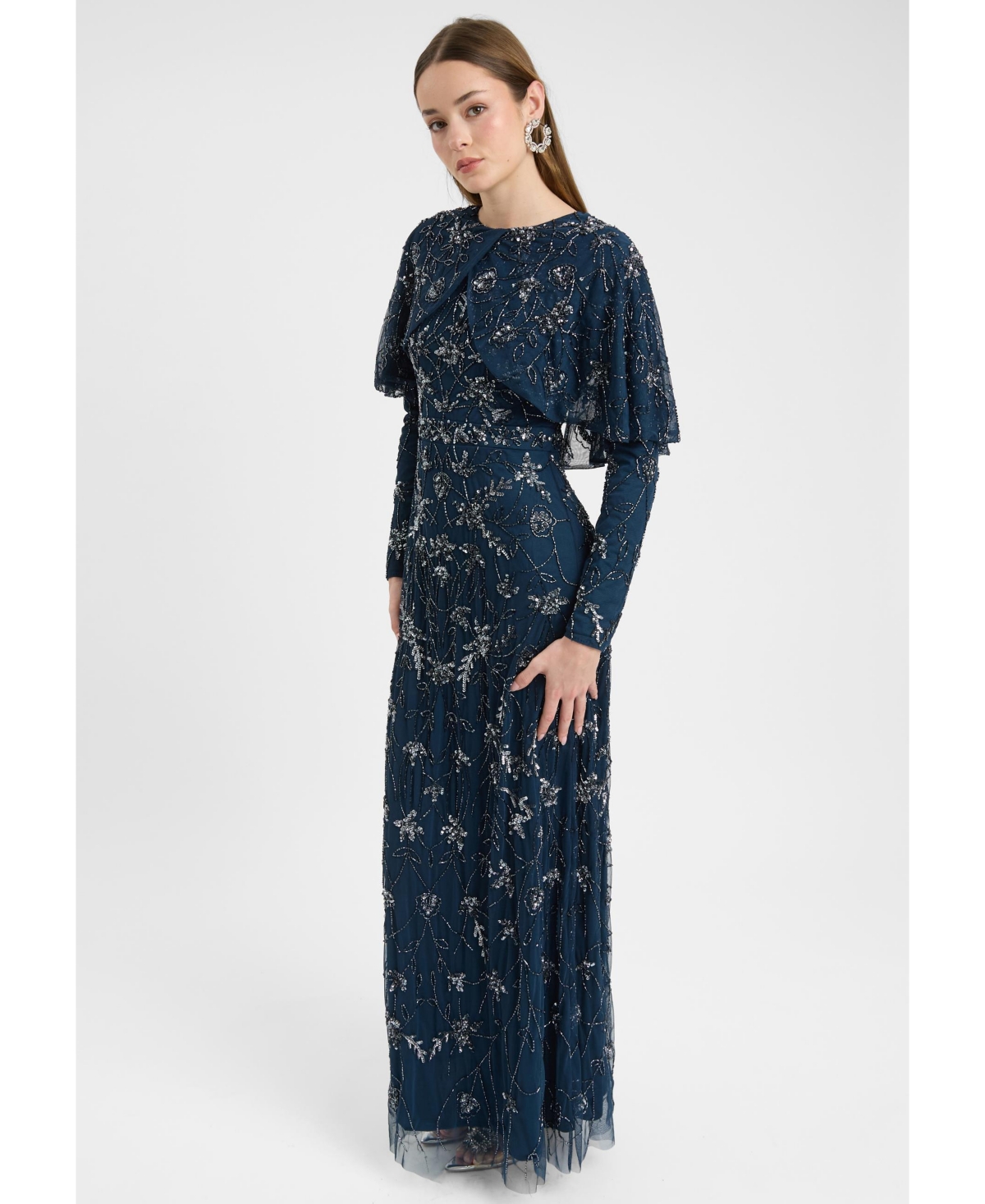 Maryisa Women's Modest Embellished Sequin Beaded Dress Maxi With Attached Cape