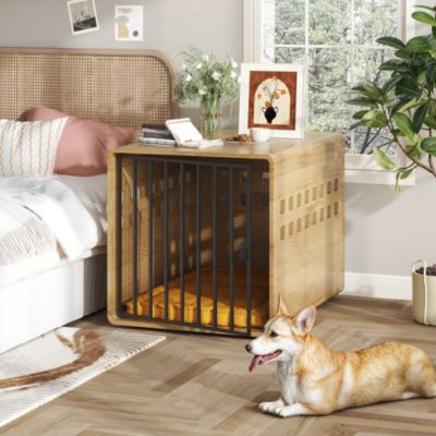 Corner Dog Crate Furniture with 2 Drawers, Space-Saving Dog Kennel Cage