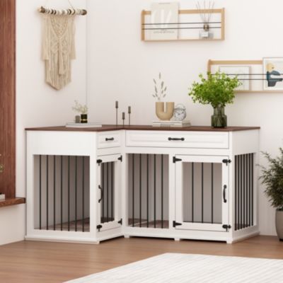 Corner Dog Crate Furniture with 2 Drawers, Space-Saving Dog Kennel Cage