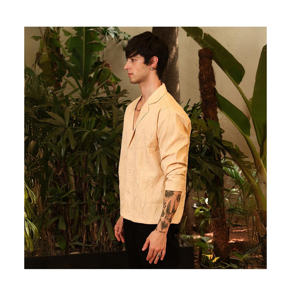 Campus Sutra Men's Buff Beige Quad-Tactile Oversized Shirt.