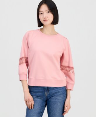 Women's Pleated Lace-Trim 3/4-Sleeve Sweatshirt