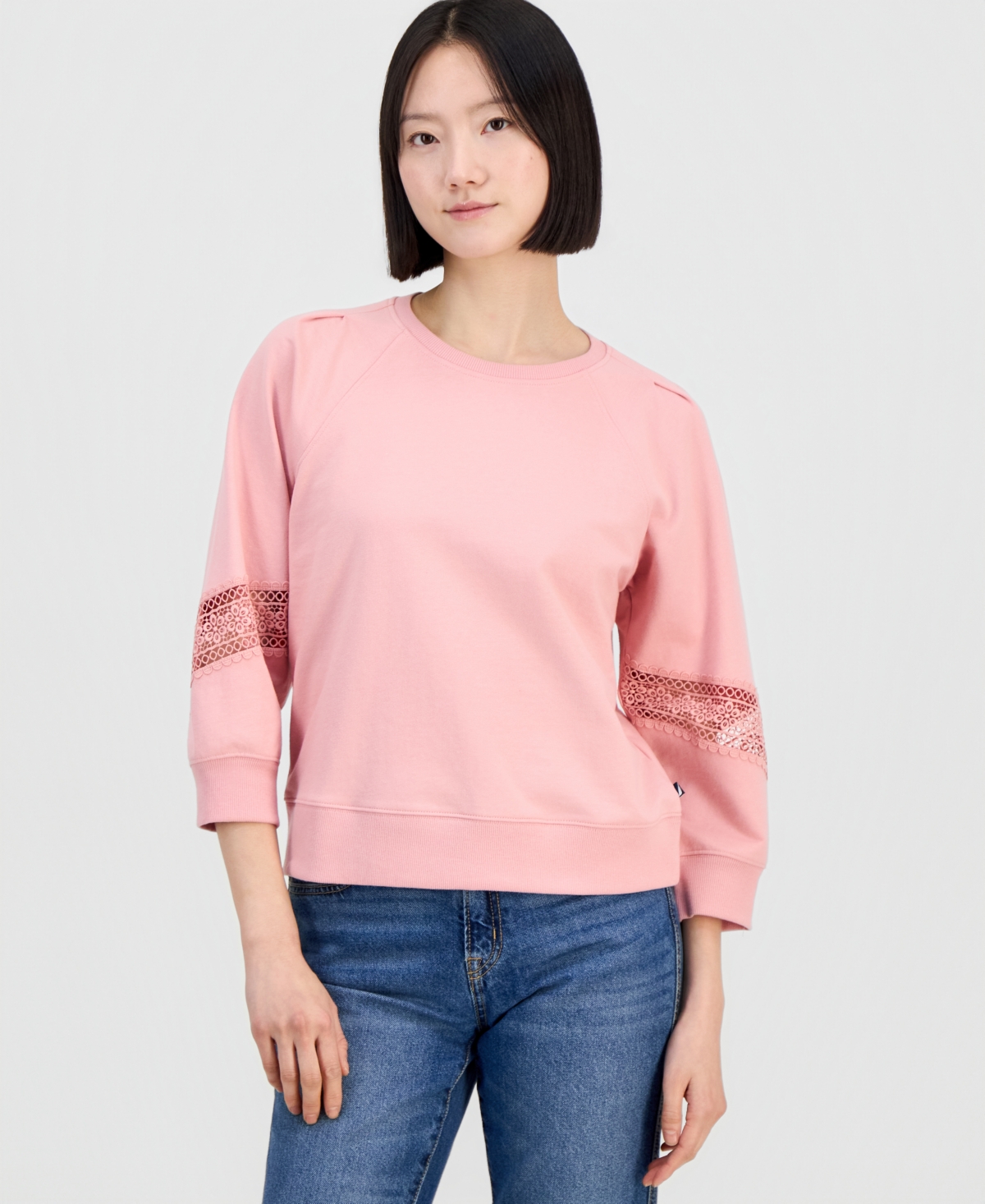 Nautica Jeans Women's Pleated Lace-Trim 3/4-Sleeve Sweatshirt - Bridal Rose