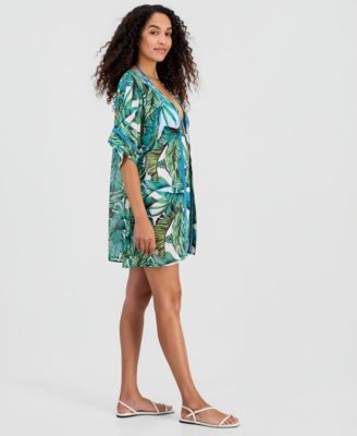 Juniors' Leaf-Trim Palm-Print Cover-Up Kimono, Macy's Exclusive