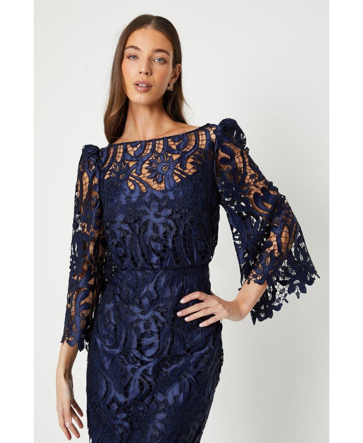 Coast Women's Satin Lace Boat Neck Fluted Dress