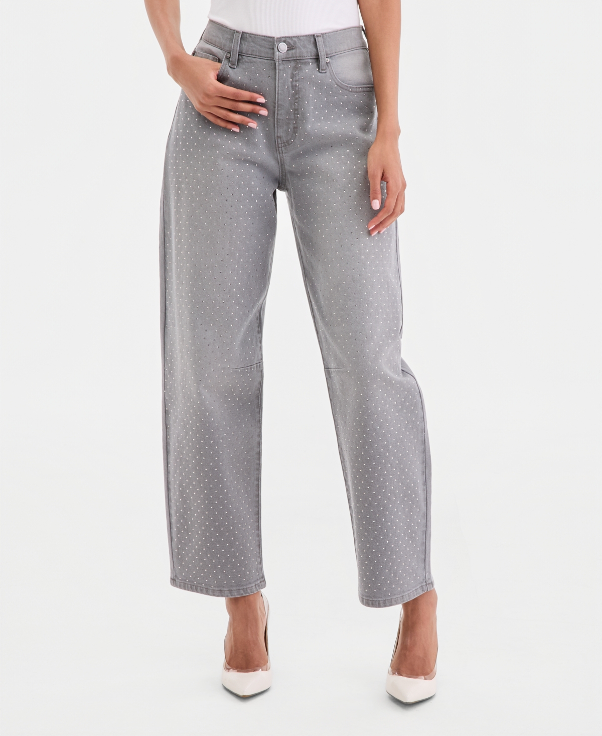 I.n.c. International Concepts Women's High-Rise Rhinestone Barrel-Leg Jeans, Macy's Exclusive