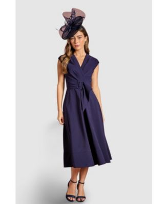 Women's Belted Crepe V-Neck Midi Dress