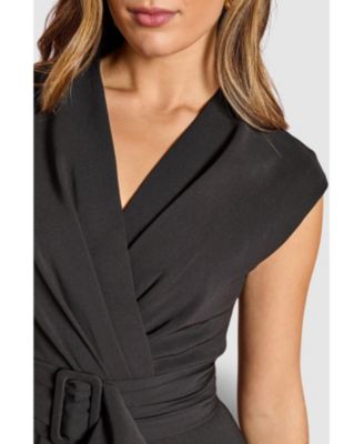 Women's Belted Crepe V-Neck Midi Dress.