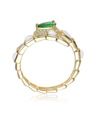 14K Gold Plated with White Mother Of Pearl, Green & Clear Cubic Zirconia Bypass Ring