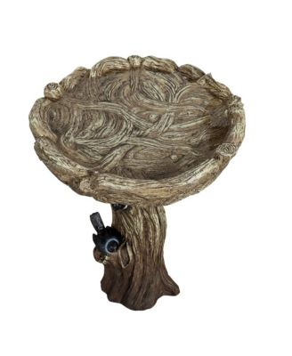 23 Inch High Wood-Look Concrete Bird Bath with Decorative Faux Bird – Birdbath Rustic & Long-Lasting Design, Enhances Garden