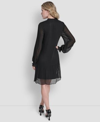 Women's Chiffon Pleated Tie Collar Shift Dress