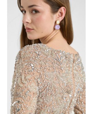 Women's Modest Embellished Sequin Beaded Dress Maxi With Detailed Design