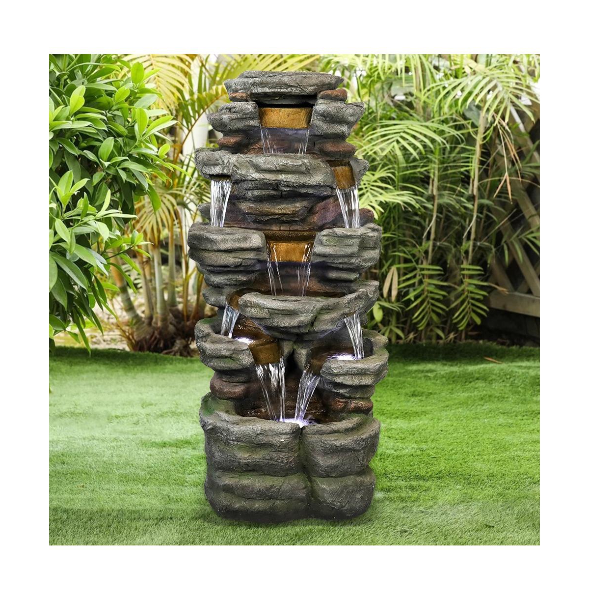 SunJet 47.2" 6-Tier Cascading Rock Outdoor Water Fountain with Led Lights