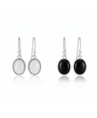 Set of 2 Classic Natural White Agate & Black Onyx Bezel Set Oval Cabochon Drop Earrings Sterling Silver Wire Fish Hook