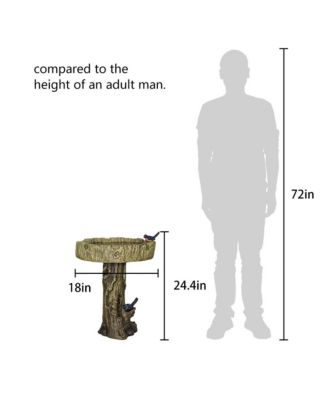 24.4" Wood-Look Concrete Bird Bath with faux bird, rustic and durable design for garden decor.