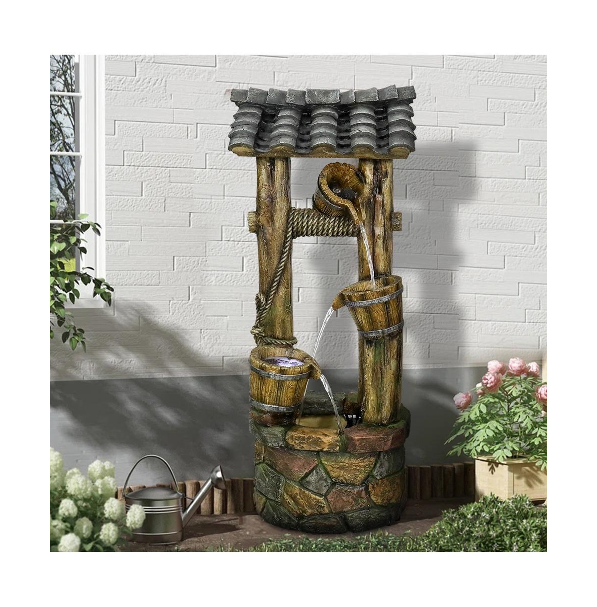 SunJet 39.3" Rustic Wishing Well Outdoor Water Fountain with Led Lights