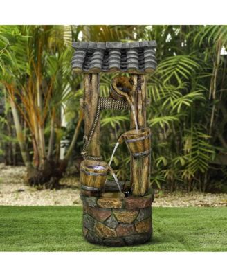 39.3" Rustic Wishing Well Outdoor Water Fountain with LED Lights - Cascading Bucket Waterfall Feature with Pump for Garden