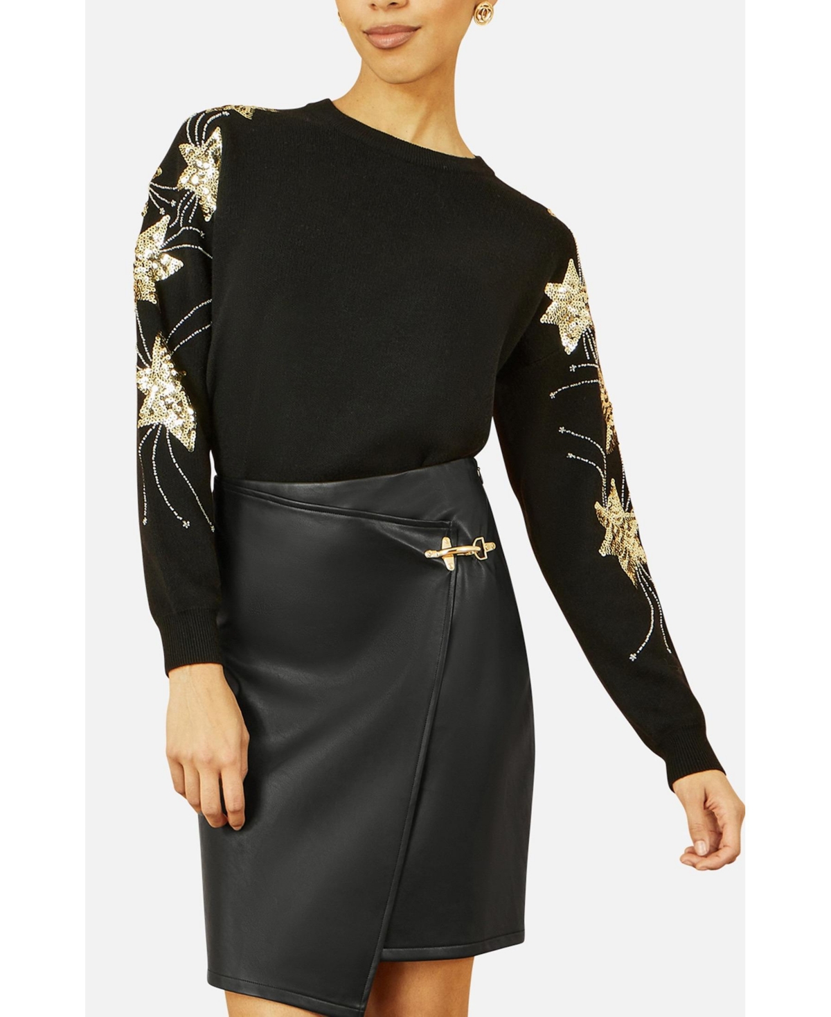 Yumi Women's Sequin Star Detail Relaxed Fit Sweater