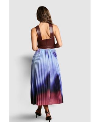 Women's PU Cross Neck Belted Midi Dress