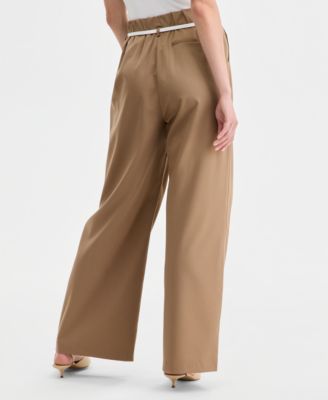Women's Belted Pleated Wide-Leg Trousers