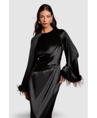 Women's Feather Trim Satin Maxi Dress