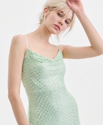 Juniors' Beaded V-Neck Lace-Up-Back Gown 