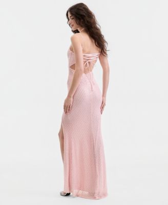 Juniors' Beaded V-Neck Lace-Up-Back Gown 