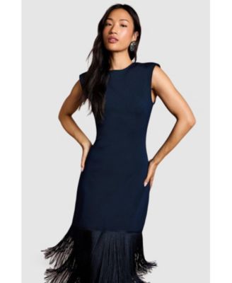Women's Bandage Knit Fringed Hem Midi Dress