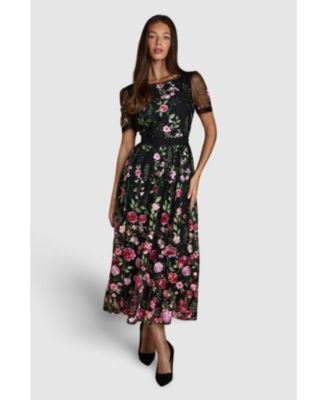 Women's Lace Trim Embroidered Mesh Midi Dress