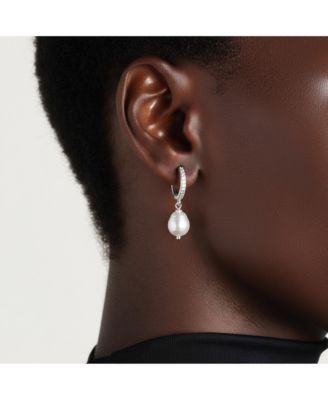 Silver-Tone Mini Hoop Earrings with Drop Pearl